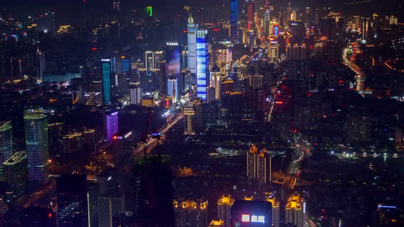 Shenzhen China Urban Cityscape Aerial Skyline Panorama Timelapse at Night Pan Up