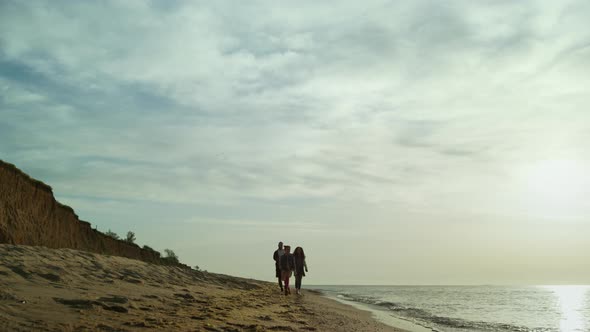 Happy People Going Beach By Sea Waves