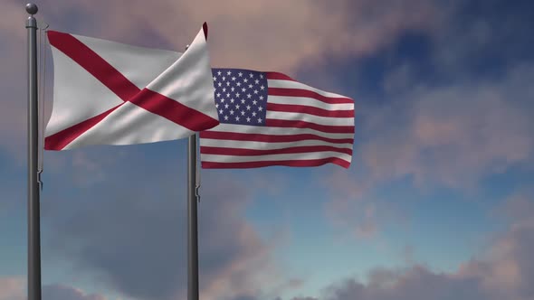 Alabama State Flag Waving Along With The National Flag Of The USA - 2K