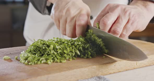 Slow motion of chef knife slicing celery leaves