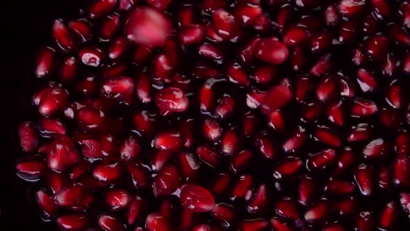 falling pomegranate seeds close up