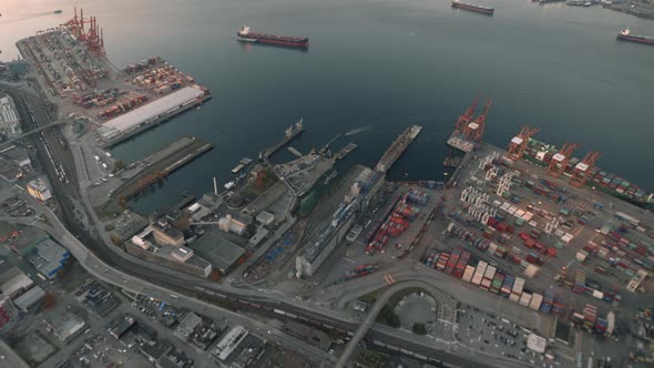 Aerial wide shot of Vancouver docks, Dusk