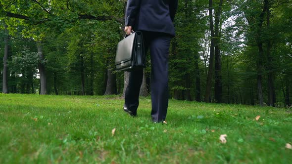 Man Leaving Briefcase on Grass and Walking in Green Forest, Escape From Stress