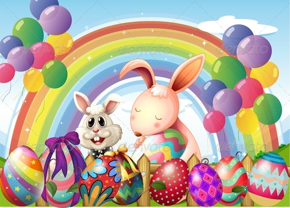 Bunnies and Colorful Eggs with Rainbow