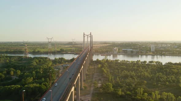 Orbital of Zarate Brazo Largo road and railway complex cable-stayed bridge crossing Parana river con