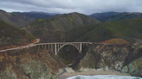 Bixby Creek Bridge and Pacific Ocean. Big Sur, California, USA. Aerial View