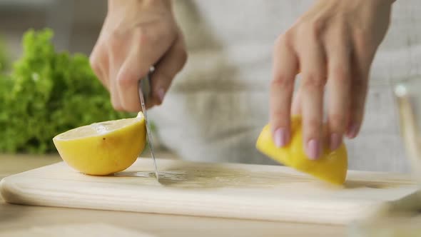 Closeup Lady Hands Cutting Yellow Lemons Making Fresh Lemonade Cooking