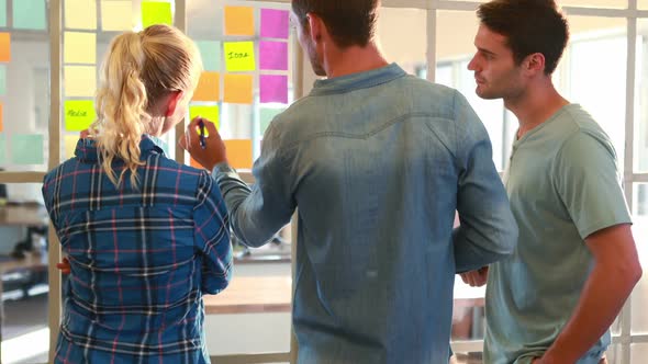 Casual Business Team Looking at Post it on the Wall