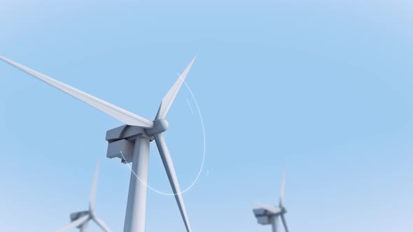 Three Blades Rotating. Wind Farm. Horizontal Axis Large Turbines. Green Power.