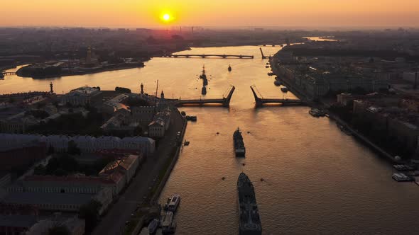 Aerial Landscape with Warships in the Neva River Before the Holiday of the Russian Navy at Early