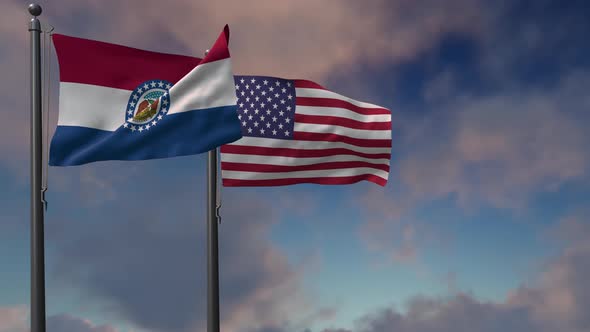 Missouri State Flag Waving Along With The National Flag Of The USA - 4K