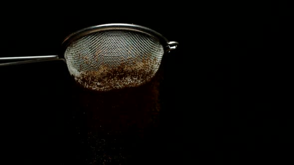 Using Sifting Strainer. Cakes Decoration By Sieve with Raw Cocoa Powder Slow Mo