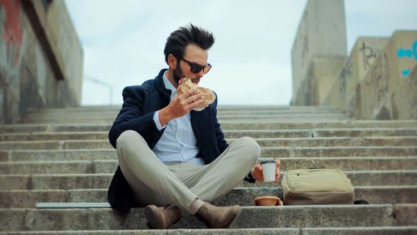 Busy Businessman Lunch Eating Sandwich. Manager Taking Break  Work. Eat Snack In Taking Break Time.