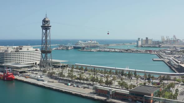 Drone Shot of Sea Port in Barcelona with Cable Car