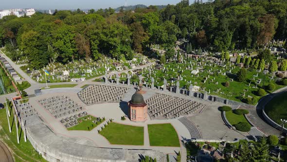 Aerial Shot The City Of Lviv. Lychakiv Cemetery Museum Reserve. Ukraine