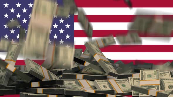 US Dollars Falling in front of United States Flag