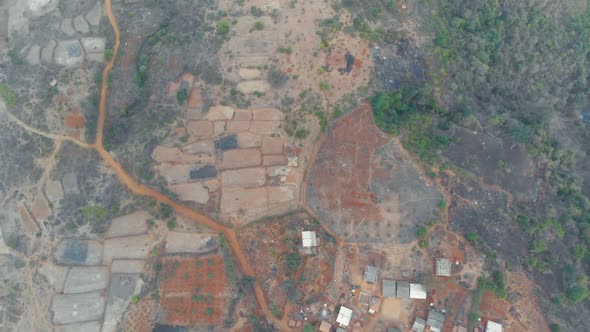 A top down flyover view of a rural Indian village