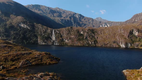 4k aerial drone footage over the 1st lagoon of Pichgacocha from Ambo, Huanuco, Peru in the Andes mou