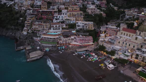 Italy Travel Destination, Positano Beach on the Amalfi Coast - Aerial