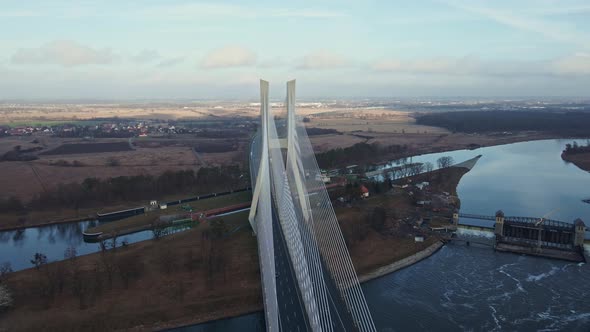 Large Bridge Over River with Cars Traffic