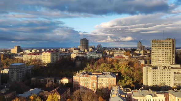 Kiev Town Time-Lapse Of Urban Area. City Of Kiev Kiev Aerial Drone Panorama On Summer Day.