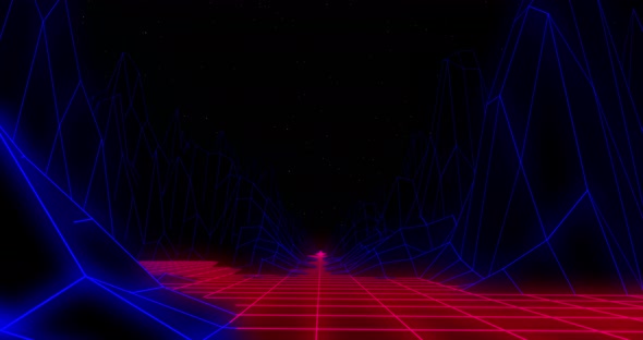 3D mountains over grid lines against black background alt