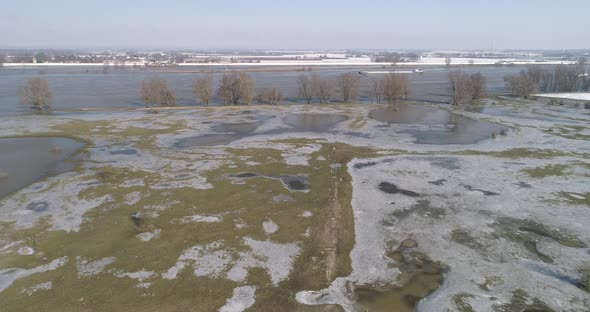 Aerial view of ice and snow on flood plains, river Waal, Gelderland, Netherlands.