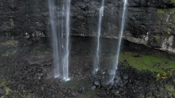 Aerial of a Delightful Fossa Waterfall in Faroe Islands