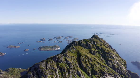 Flying Above Mount Festvagtind and Henningsvaer Village in Lofoten, Norway