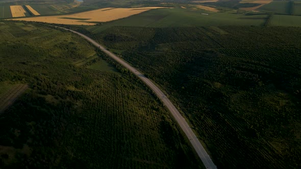 Aerial View  Video of the Road That Crosses the Fields with Different Crops