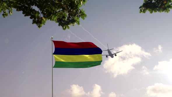 Mauritius Flag With Airplane And City -3D rendering