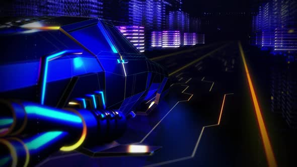3D artificial experience of Retro futuristic vehicle moving on a virtual road