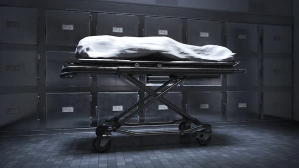 Dead body covered with cloth in the mortuary. Morgue. Dissecting-room. 4KHD