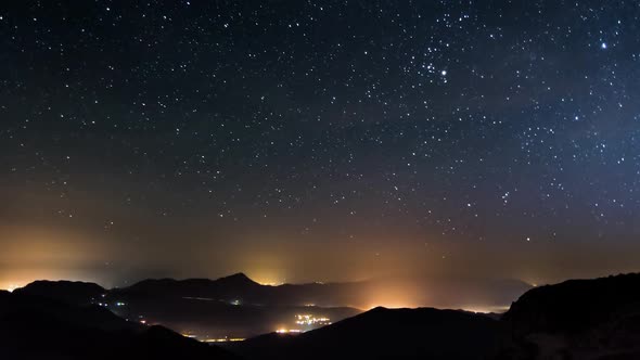 Starry Night in Mountains Stars Motion over Countryside Traffic Night to Day