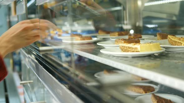 Lady Hands Open Glass Door and Take Chocolate Cake Slice