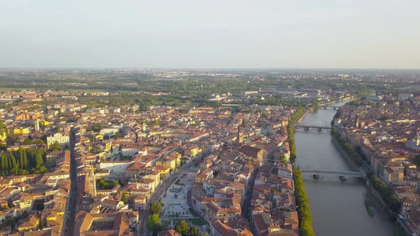 Panorama of Verona historical city centre, bridges across Adige river. Italy