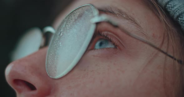 Woman with Wet Foggy Glasses Breathe Forest Air