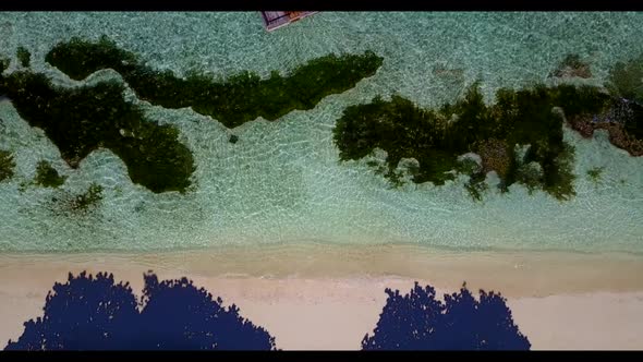 Aerial above landscape of exotic island beach lifestyle by clear water and white sandy background of