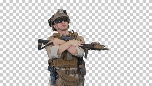 Tired US marine with a assault rifle standing, Alpha Channel