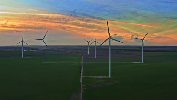 Stunning wind turbines at dusk, aerial view, Poland