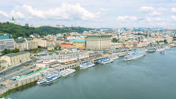 Aerial Timelapse of River Pier in Kiev. Postal Square in the Capital of Ukraine. River Trams