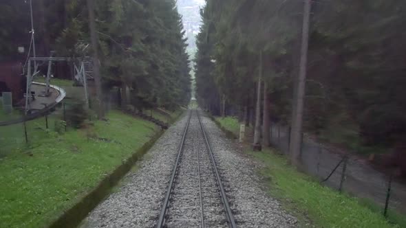 Traveling by railway on funicular through a dark, tranquil and mysterious forest.