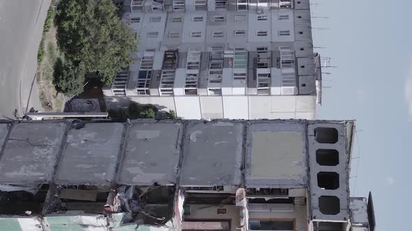 Vertical Video of a Multistorey Building Destroyed During the War in Ukraine