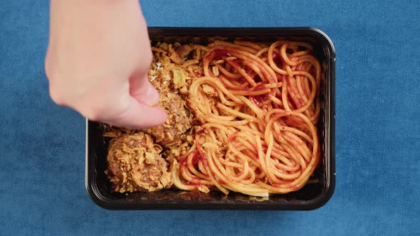 Italian Spaghetti with Meat in Lunch Box Closeup