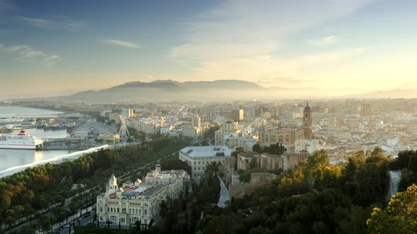 Panning Shot of Malaga, Spain at Sunset