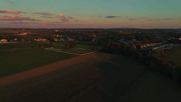 Aerial View of Corn Fields and Fertile Farmlands and Farms at a Golden Hour Sunset