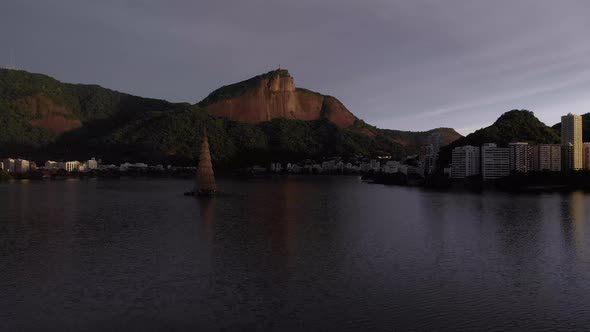 Aerial movement forward over the Rio de Janeiro city lake with the floating Christmas tree of 2018 i