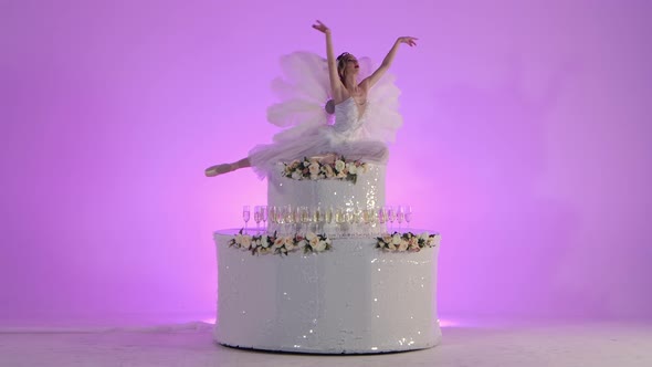Delicate Feminine Ballerina Dressed As a White Swan Poses on the Top of a Cake Decorated with