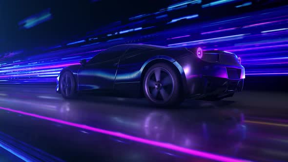 Super fast car going on the road with lights trails. hyperspeed auto and traffic concept action