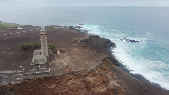 Drone Flying at Lighthouse of Ponta Dos Capelinhos Faial Island Azores